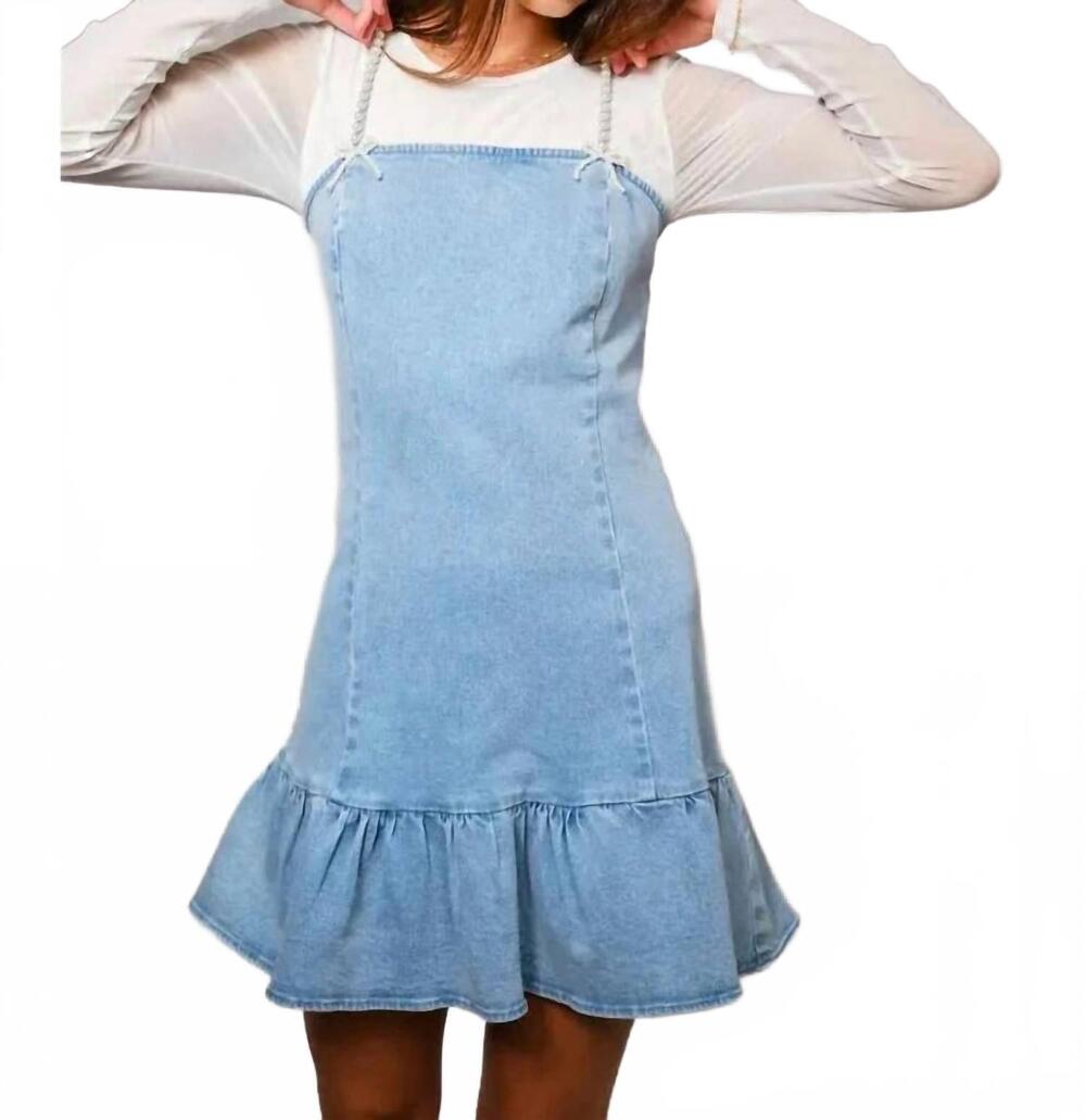 NEW BLUE B pearl strap stretch denim mini dress in light wash